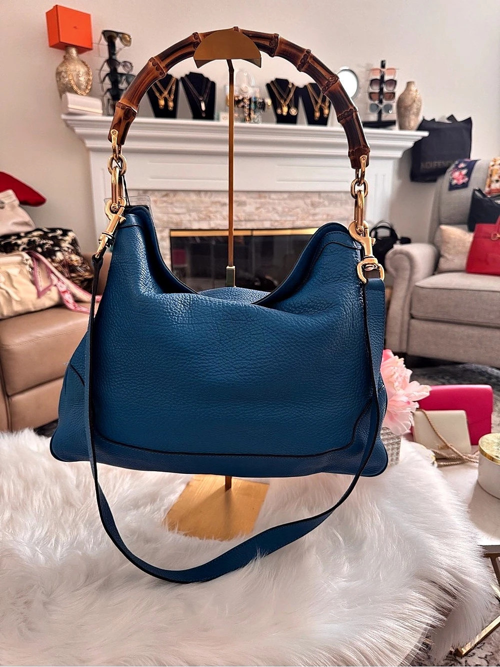 Gucci Bamboo Handle Hobo Bag Shoulder Bag Blue